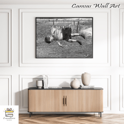 laundry room dirty kid on a clothesline black & white vintage funny retro photography wall art canvas frame canvas print