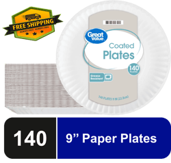 Coated, Microwave Safe, Disposable Paper Plates, 9 in, White, 140 Count - N1130