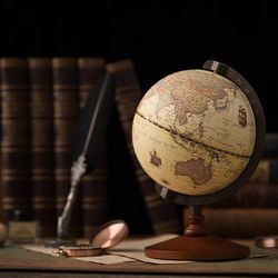 Vintage Wooden Base Globe: English Map, Retro Charm. Perfect Desk Decor for Geography Education