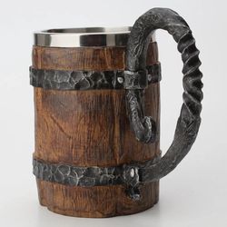 Authentic Viking-Inspired Sealed Simulation Log Mug - Double Stainless Steel Construction in a Beautiful Wood Color