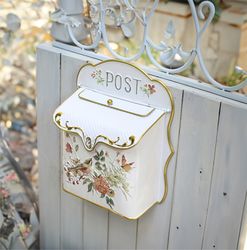 the vintage and rustic mailbox style, floral and bird decor wall mailbox, mailbox garden farmhouse decor, metal letterbo