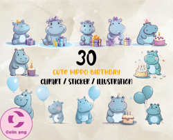 30 Cute Hippo Birtday Png, Birthday Svg, Happy Birthday Png, T-shirt Designs 02