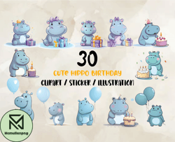 30 Cute Hippo Birtday Png, Birthday Svg, Happy Birthday Png, T-shirt Designs 02