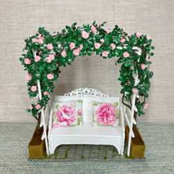 arch with a weaving rose and a bench. dollhouse accessories. 1:12. doll garden. plants for the doll.