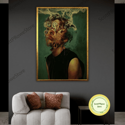 surrealist woman smoking canvas print, surreal artwork, smoking woman artprint, surrealist gift, framed canvas ready to