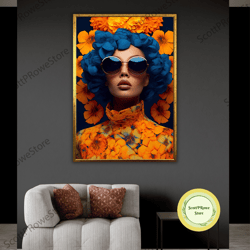 woman with glasses canvas print, floral portrait artwork, fashion girl wall art, female art print, framed canvas ready t