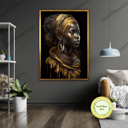 Ethnic Art Woman Canvas Print In Golden Black, Ready To Hang, Framed Wall Art, African American Art, Modern Home Decor