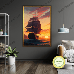 Framed Canvas Print Sunrise Ship, Ready To Hang Wall Art, Nautical Decor, Seascape Painting