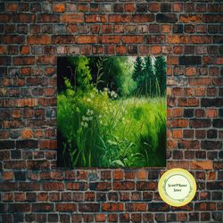 Beautiful Field Of Wildflowers, Emerald Green Watercolor, Framed Canvas Print, Living Room Wall Decor