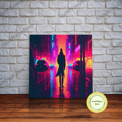 Cyberpunk Android In An Abandoned City, Dystopian Post Apocalyptic Art, Framed Canvas Print, Ready To Hang Framed Wall A