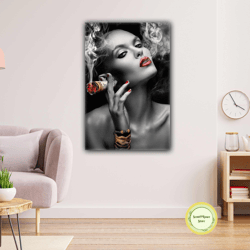 Smoking Woman Dollar Gold Jewelry Model Woman Roll Up Canvas, Stretched Canvas Art, Framed Wall Art Painting