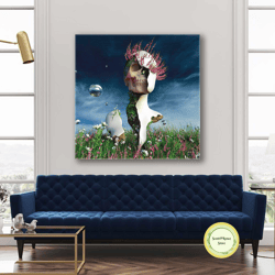 Statue In Grass And Pink Flowers Roll Up Canvas, Stretched Canvas Art, Framed Wall Art Painting-1