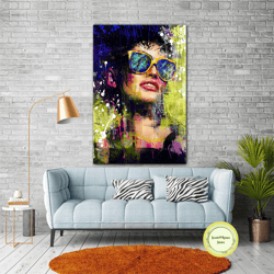 woman wall art, glasses canvas art, red lipstick, retro wall decor, roll up canvas, stretched canvas art, framed wall ar
