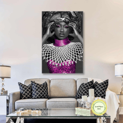 Woman Wall Art, Pink Dress Canvas Art, Ethnic Accessory Wall Decor, Roll Up Canvas, Stretched Canvas Art, Framed Wall Ar
