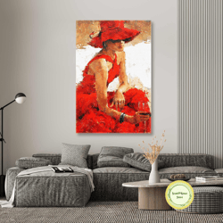 woman wall art, red big hat canvas art, elegant wall decor, roll up canvas, stretched canvas art, framed wall art painti