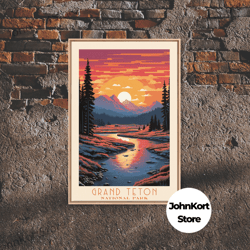 Grand Teton National Park Travel Poster Art, Canvas Print Wall Art, Wyoming Travel Art, Midcentury Modern Travel Decor,