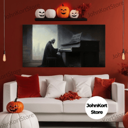 Grim Reaper Playing The Piano, Framed Canvas Print, Cool Halloween Decor, Wild West Themed Halloween Art