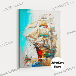 large original seascape canvas print, abstract blue ocean art, colorful flower landscape nautical sailboat decor paintin