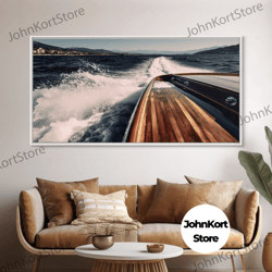 leaving italy in the rear view, nautical decor, framed canvas print, speed boat photography print, vaporwave aesthetic