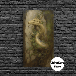 Majestic Green Dragon Wall Art, Framed Canvas Print, Dragon Fantasy Painting, Garden Dragon Abstract Fantasy Art