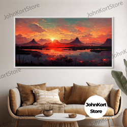 Mountain And Lake Sunset Wall Art Oil Painting On Canvas, Canvas Print, Ready To Hang Gallery Wrapped Nature Framed Canv