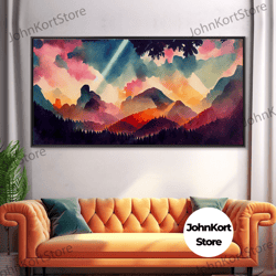 mountain artwork canvas print, horizontal wall art, large watercolor painting, panoramic mountain print, modern landscap