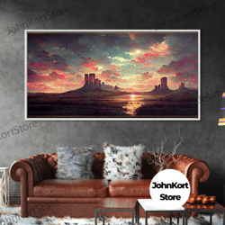 Mountain Sunset Oil Painting Canvas Print, Ready To Hang Gallery Wrapped Nature Canvas Print, Synthwave Style Nature Art