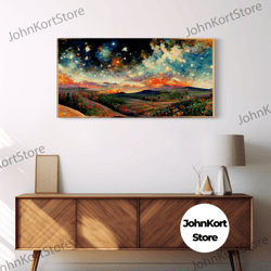 Night Starry Sky Landscape Framed Canvas Print, Colorful Night Sky Painting Nature Painting Living Room Wall Art Spiritu