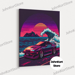 Outrun Style Sports Car Pixel Art, On The Beach, Framed Canvas Print, Retro Style Synthwave Wall Art, Gamer Decor, 8 Bit