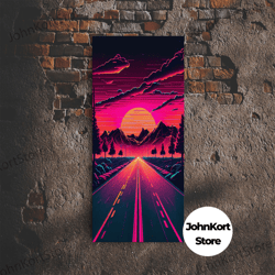 Outrun Sunset Over The Arizona Mountains, Neon Aesthetic Art, Framed Canvas Print