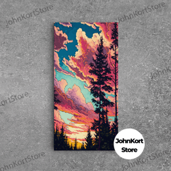 Pacific Northwest Forest Landscape Wall Art, Framed Canvas Print, Pink Cloudy Sunset Sky, Abstract Landscape Framed Art