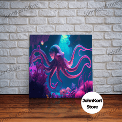 pink octopus, ocean art, aquarium art, framed canvas print, vaporwave pastel art