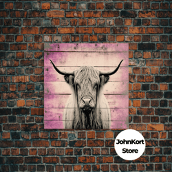 Pink Rustic Cattle Art, Framed Canvas Print, Framed Wall Art, Primitive Rustic Minimalist Farmhouse Decor, Highland Catt