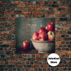 primitive kitchen art, framed canvas print, still life of apples in a rustic bowl, photography print, kitchen decor, cou
