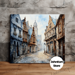 European Town Street, Architecture Art, Scenic Wall Art, Canvas Art, Canvas Print, Ready to Hang