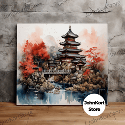 Japanese Castle by a Lake, Asian Inspired Art, Japanese Art, Watercolor Print, Scenic Wall Art, Canvas Art, Canvas Print