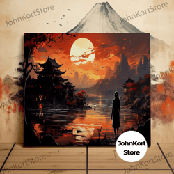 Japanese Castle by Lake, Eastern Art, Samurai, Meditation, Scenic Wall Art, Canvas Art, Canvas Print, Ready to Hang