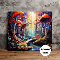 Trip Through a Psychedelic Mushroom Forest No2, Fantasy Art, Fairy Tale Art, Scenic Wall Art, Canvas Art, Canvas Print,