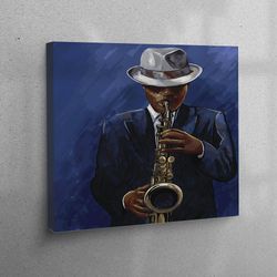 canvas wall art, living room wall art, 3d workplace decor, man playing saxophone, jazz music poster, music room art work