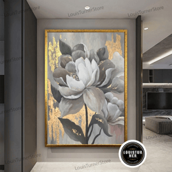 Decorative Wall Art, Grey Flowers Canvas Art, Flower Wall Decor, Floral Wall Decor, Gold Patterned Wall Art, Flower Canv