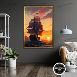 Decorative Wall Art, Framed Canvas Print Sunrise Ship, Ready To Hang Wall Art, Nautical Decor, Seascape Painting
