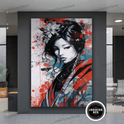Decorative Wall Art, Asian Woman Canvas, Asian Woman Geisha Wall Art, Flower Head Asian Girl Canvas Painting, Ethnic Wom