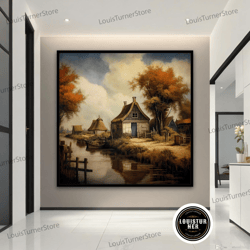 decorative wall art, autumn in the town canvas painting, autumn landscape, fall landscape wall art, autumn landscape wal