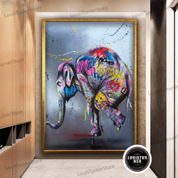 decorative wall art, graffiti elephant canvas painting, pop art elephant canvas, colorful elephant canvas wall decor, ba