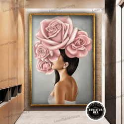 Decorative Wall Art, Pink Rose Headed Woman Canvas Painting, Woman Flower Head Wall Art, Woman With Pink Flower Head Can