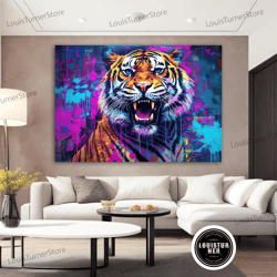 decorative wall art, roaring colorful tiger canvas art, big cat canvas, tiger canvas, roaring tiger canvas majestic anim