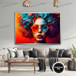 decorative wall art, woman with glasses canvas wall art, colorful girl canvas painting, woman with flower crown canvas p