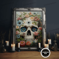 Framed Canvas Ready To Hang, Floral Sugar Skull Print, Framed Canvas Print, Macabre Halloween Art, Vintage Halloween Dec