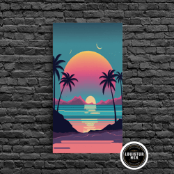 Framed Canvas Ready To Hang, Framed Canvas Print Synthwave Sunset With Palm Trees Home Decor Ready To Hang Retro Style D
