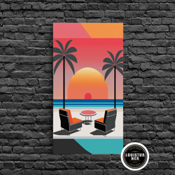 Framed Canvas Ready To Hang, Framed Canvas Print - Art Deco Sunset, Beaches, Minimalist, Palmtrees, Retro Style, Synthwa